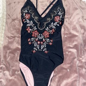 Embroidered lace up one piece